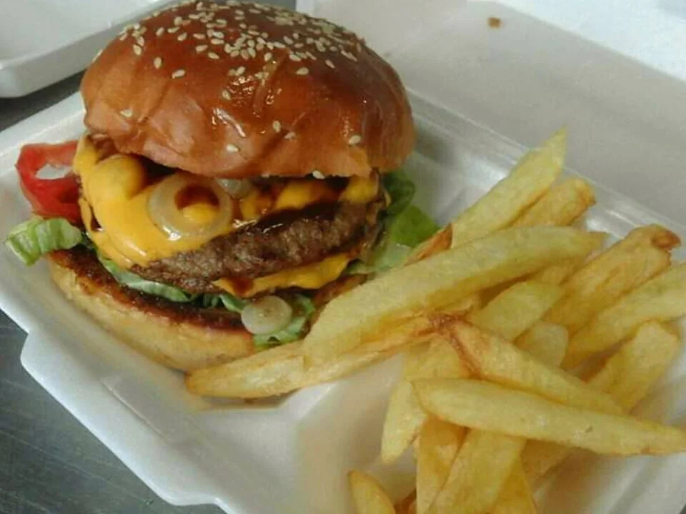 A Mr Bake burger served with chips